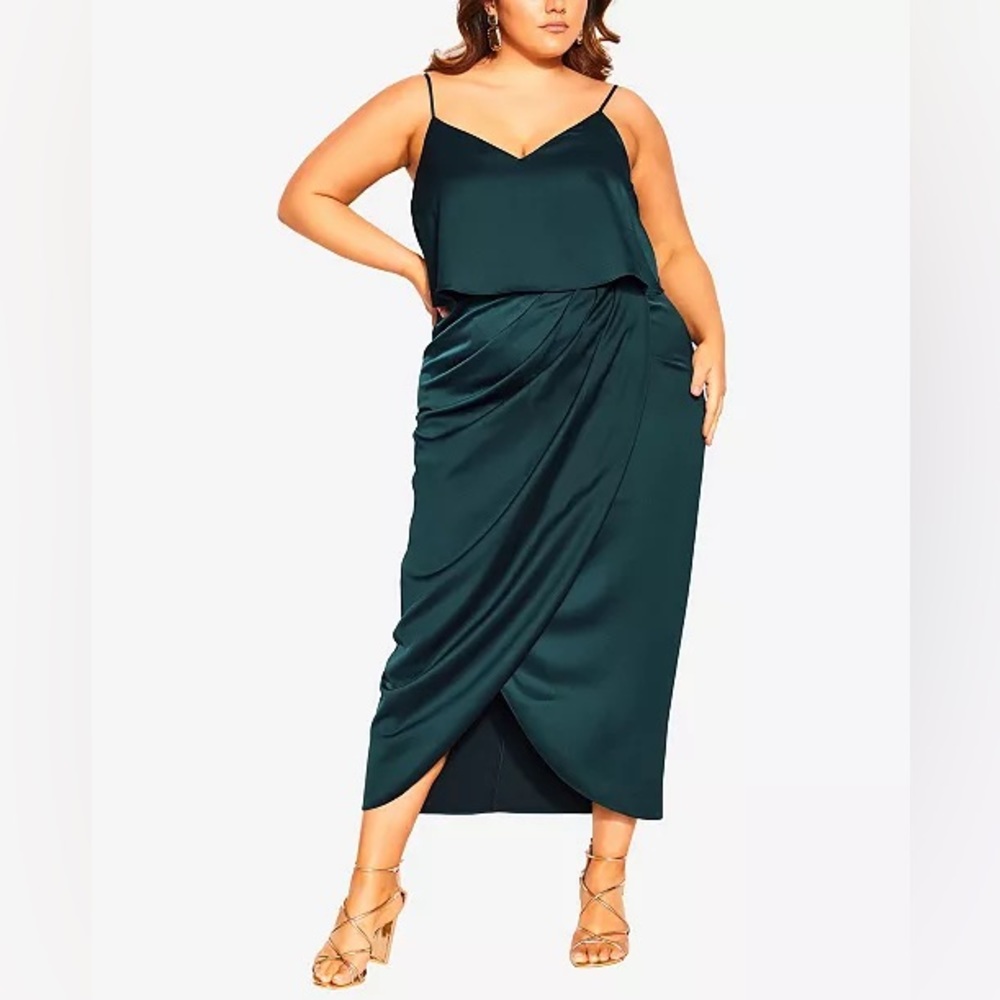 City Chic Emerald Green Satin Draped Slip Dress